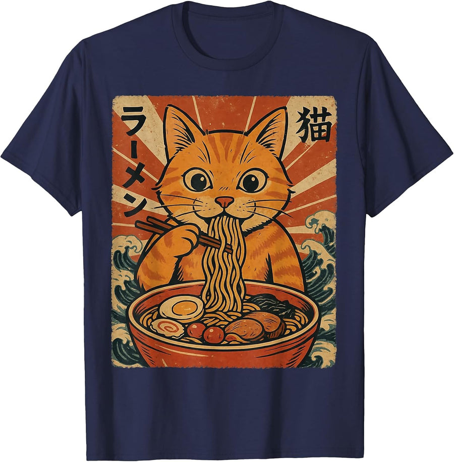 Ramen Noodles Orange Cat Japanese Anime Kawaii Cat Retro T-Shirt - Navy Blue