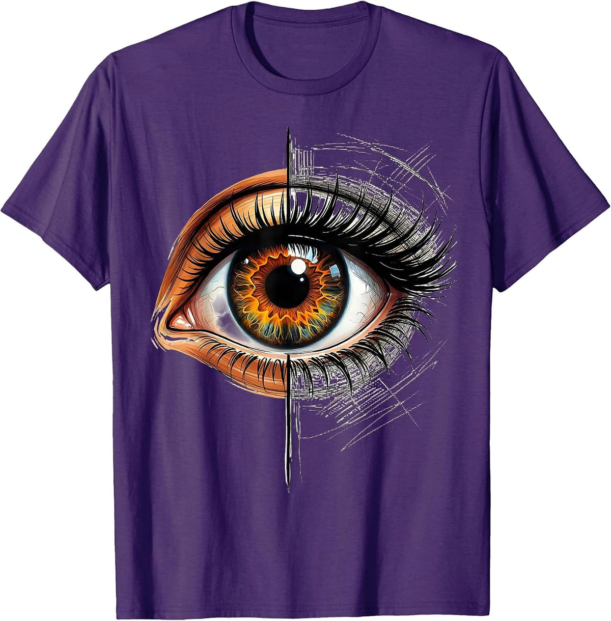 Men's Art Teacher Half Realistic Half Sketch Eye Design T-Shirt - Purple