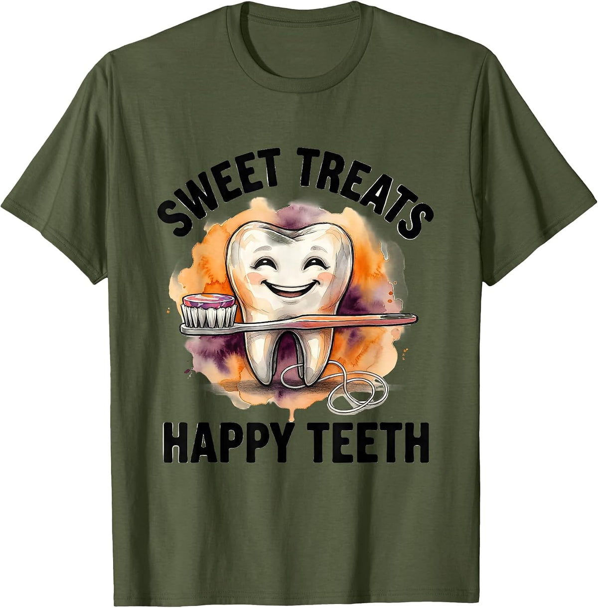 Men's Sweet Treats Happy Teeth Watercolor Dental Humor Halloween T-Shirt - Olive Green