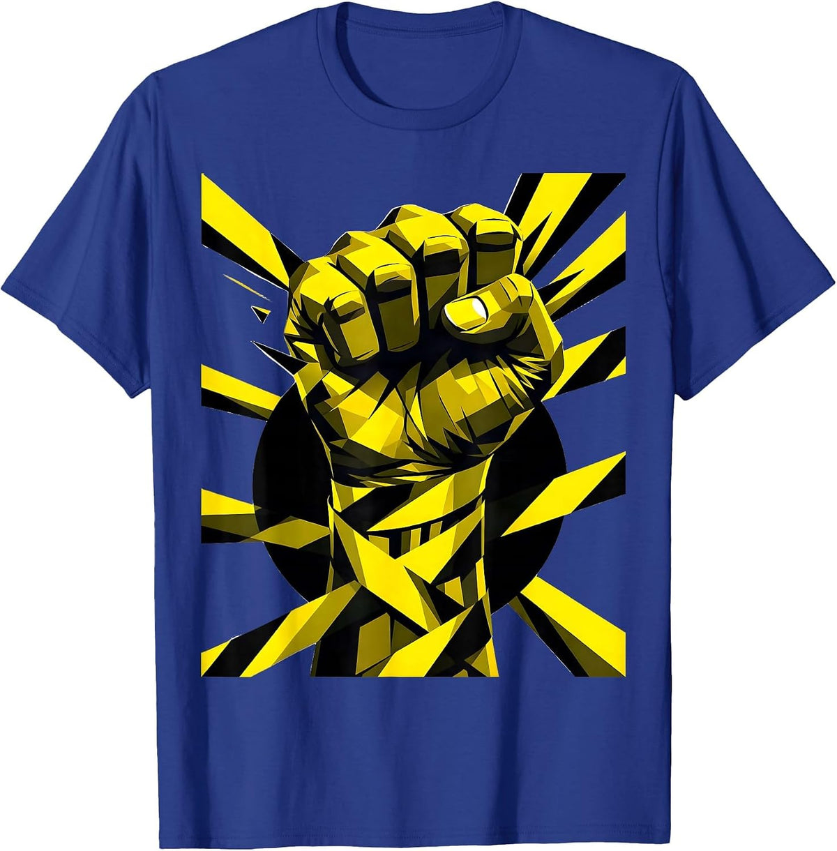 Caution Fist Yellow Black Striped Graphic T-Shirt - Royal Blue