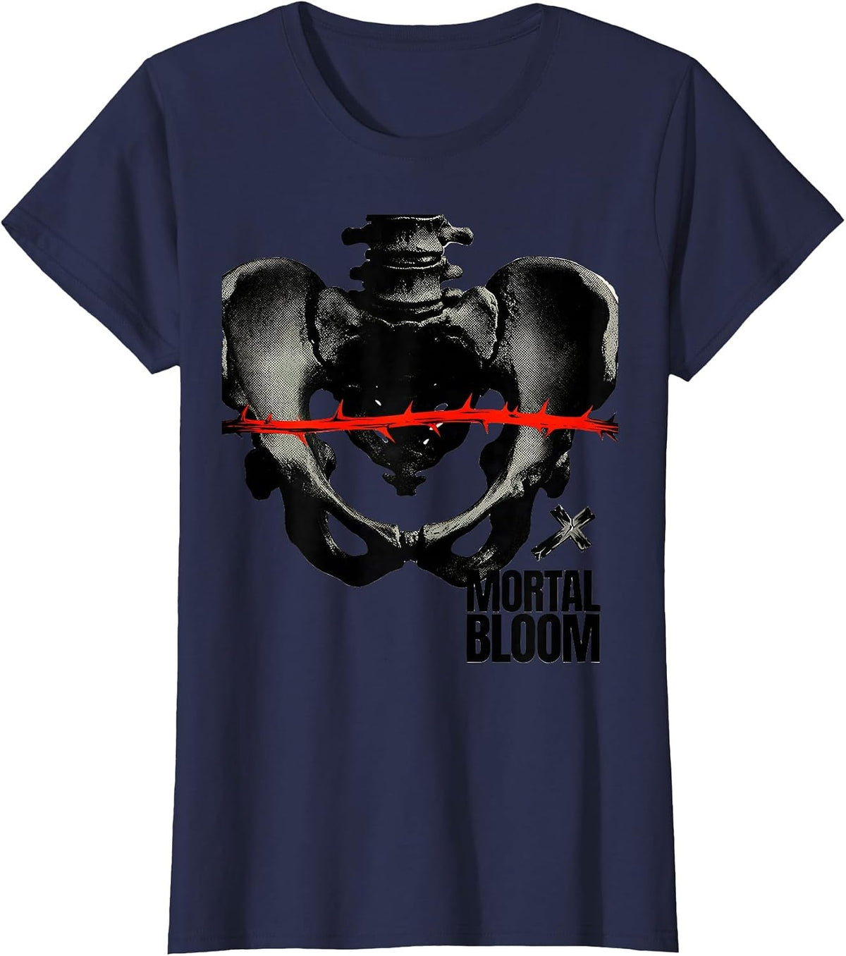 Women's Mortal Bloom Gothic Y2K Grunge Alt Streetwear Aesthetic T-Shirt - Navy Blue