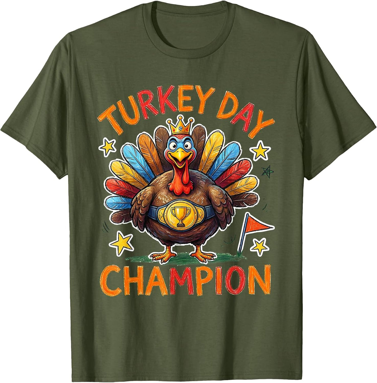 Men's Boys Turkey Day Champion Thanksgiving Design T-Shirt - Olive Green