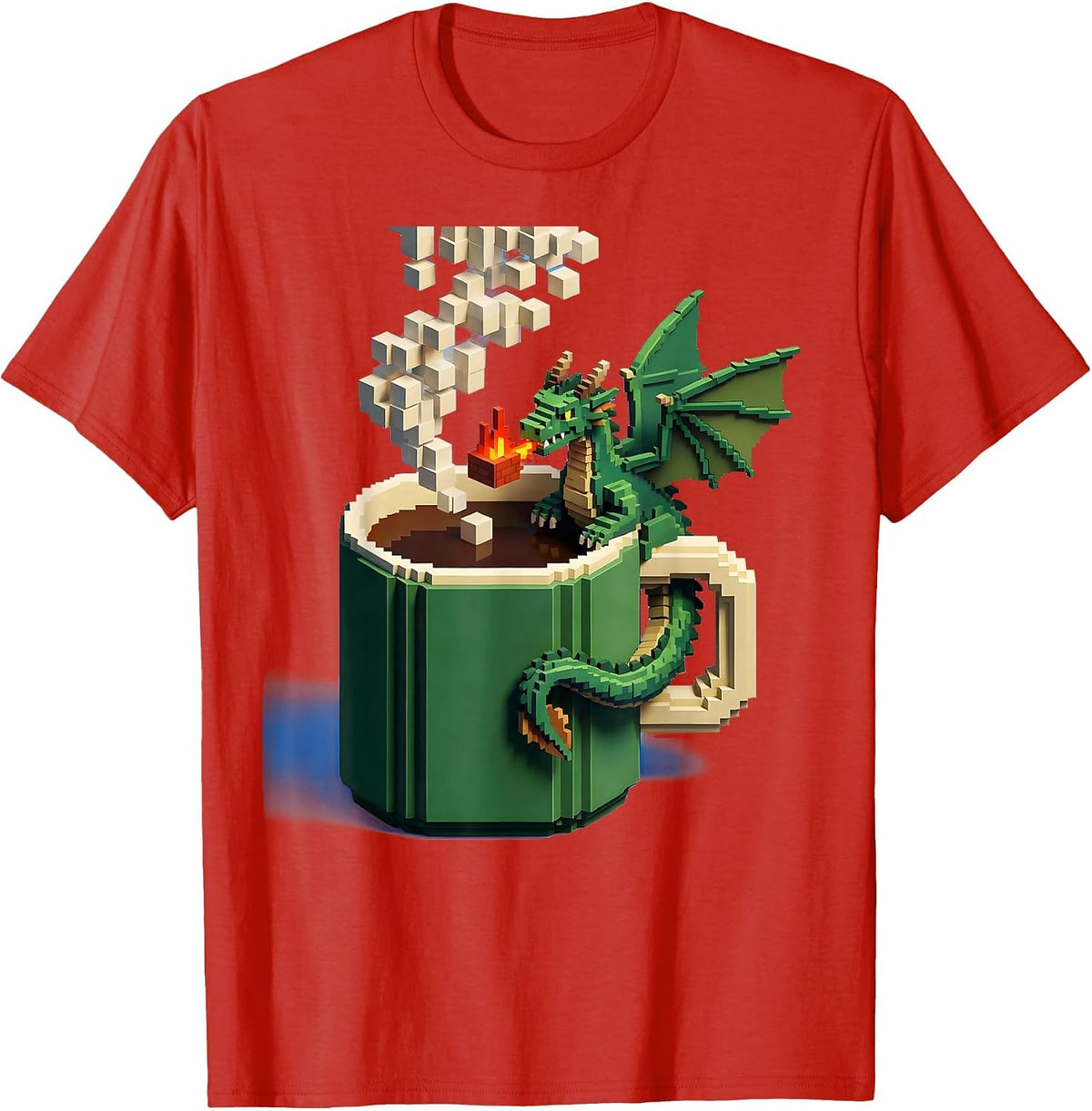 Men's Pixel-Art Dragon Mug Fantasy Gamer Whimsical Pride T-Shirt - Red