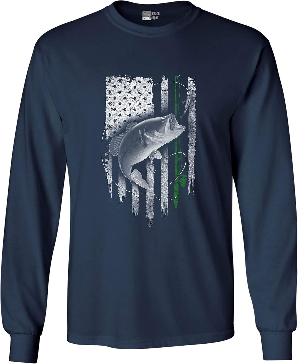 Long Sleeve Adult Tee Fish Hunting Fishing Rod American Flag USA DT - Navy Blue
