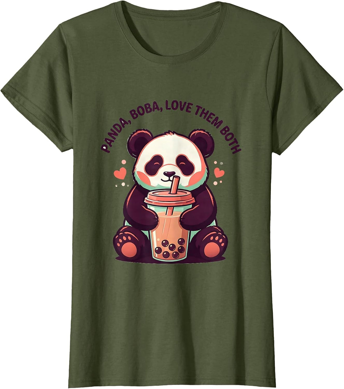 Women's Panda Boba Love Them Both Cute Kawaii Anime Animal Bubble T-Shirt - Olive Green