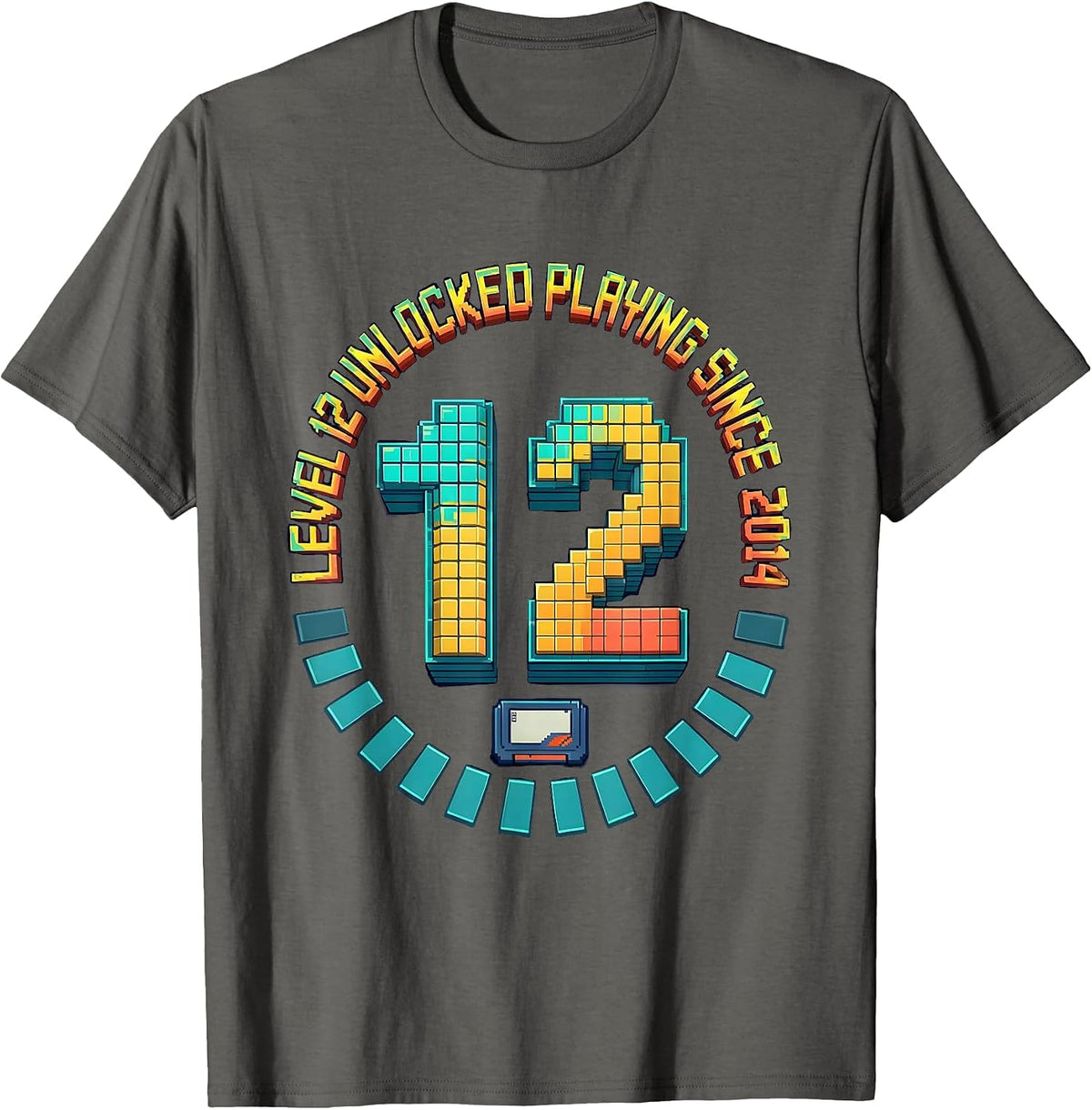 Men's Level 12 Unlocked Playing Since 2014 Pixel Art Gamer T-Shirt - Asphalt Grey