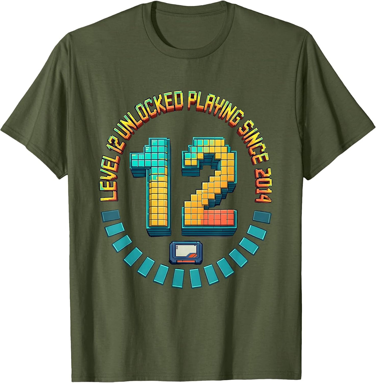 Men's Level 12 Unlocked Playing Since 2014 Pixel Art Gamer T-Shirt - Olive Green