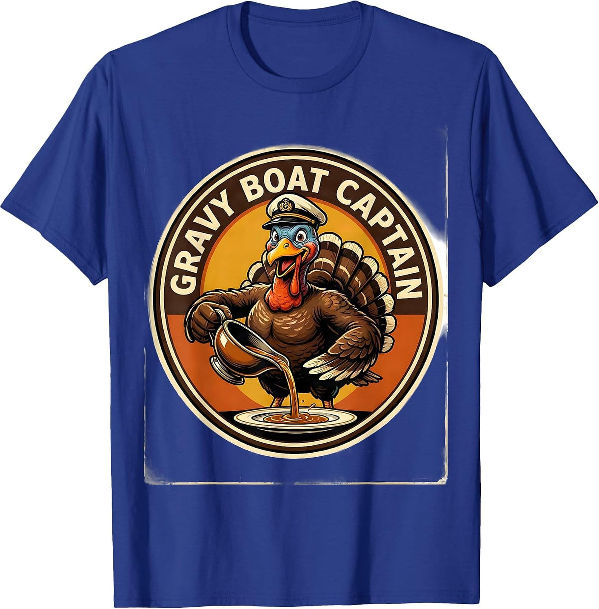 Men's Gravy Boat Captain Retro Thanksgiving Family Crew Turkey T-Shirt - Royal Blue