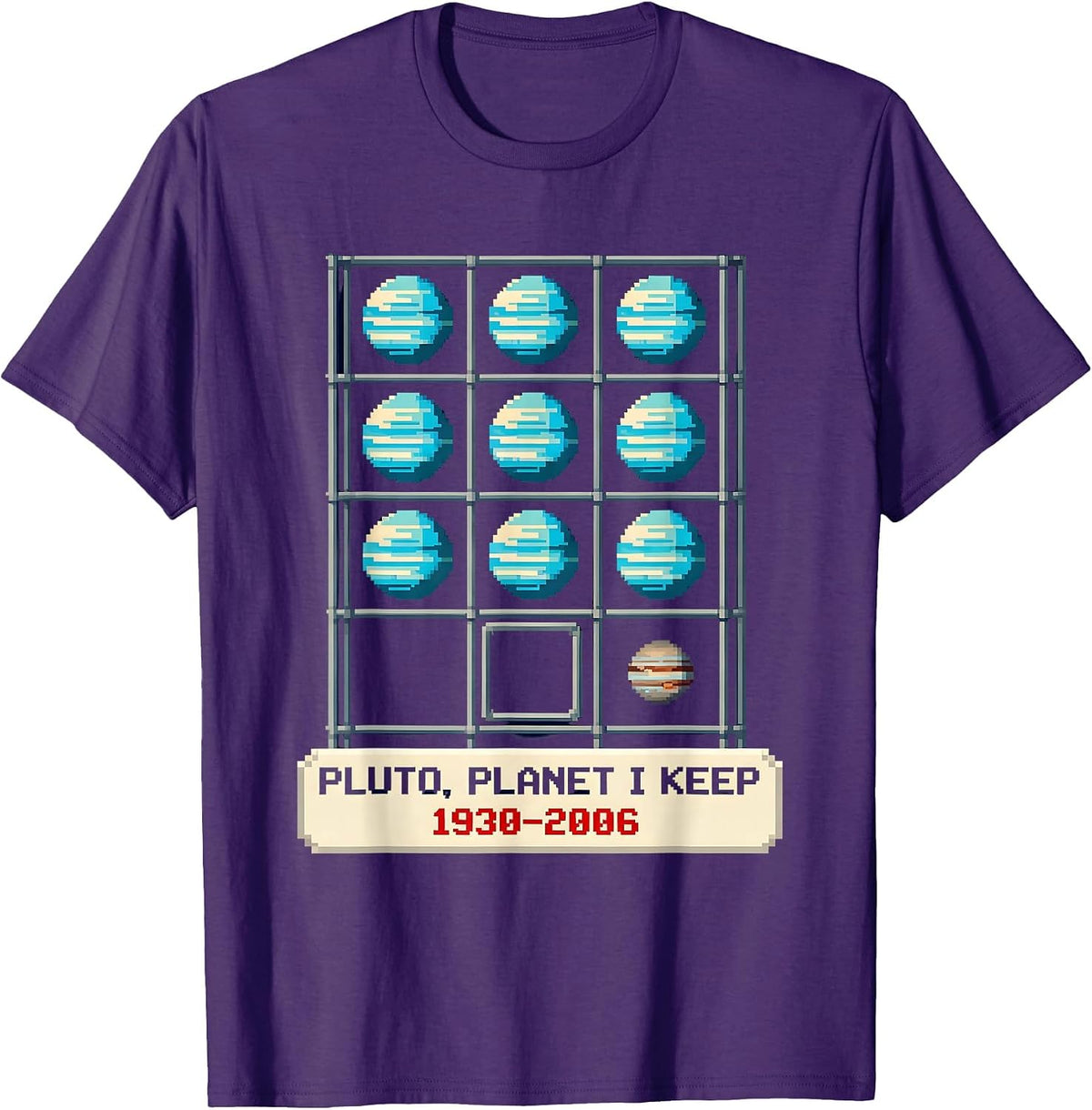 Men's PLUTO, PLANET I KEEP 1930–2006 Pixel Art Space Humor T-Shirt - Purple