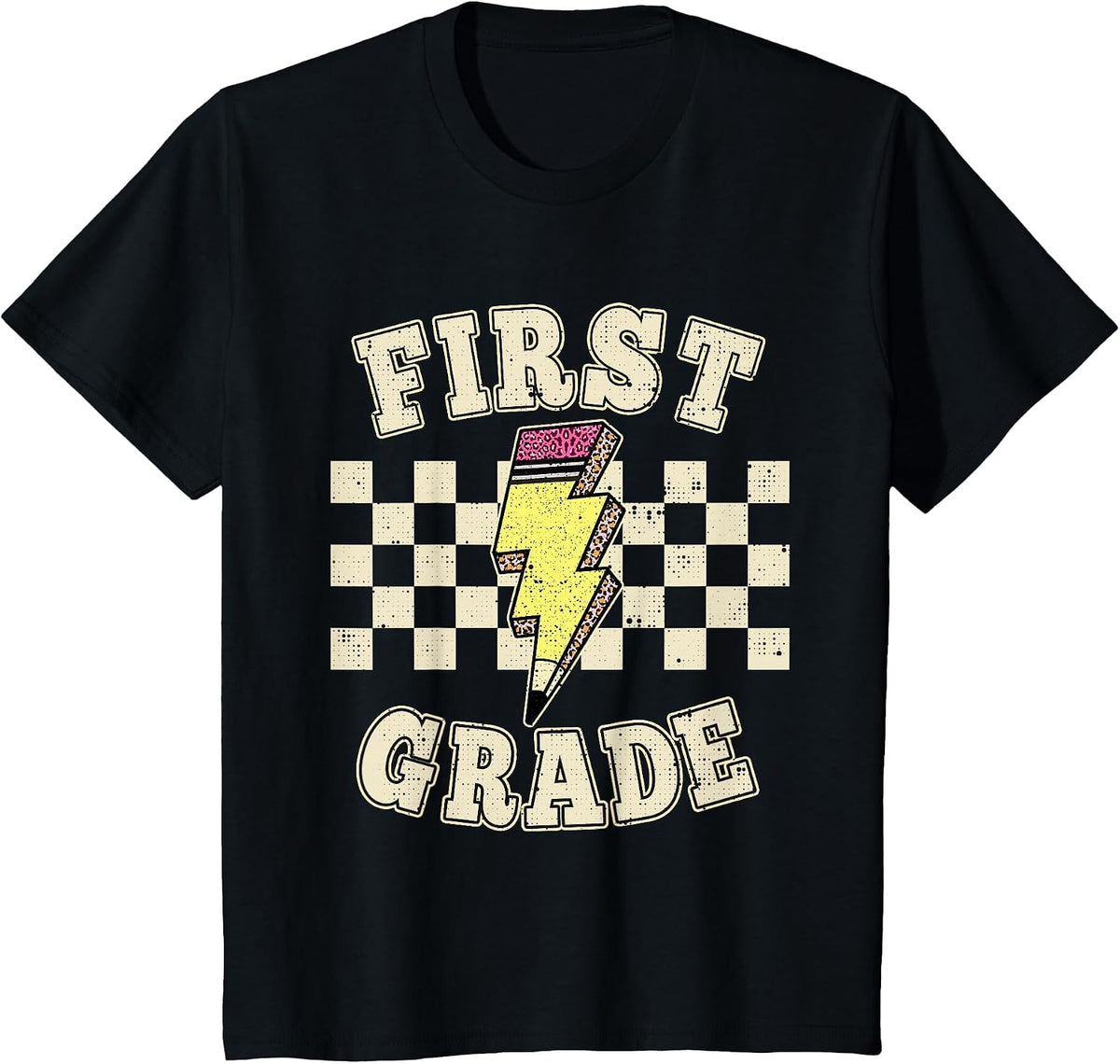First Grade Lighting Bolt Pencil Retro 1st Grade Teacher T-Shirt - Black