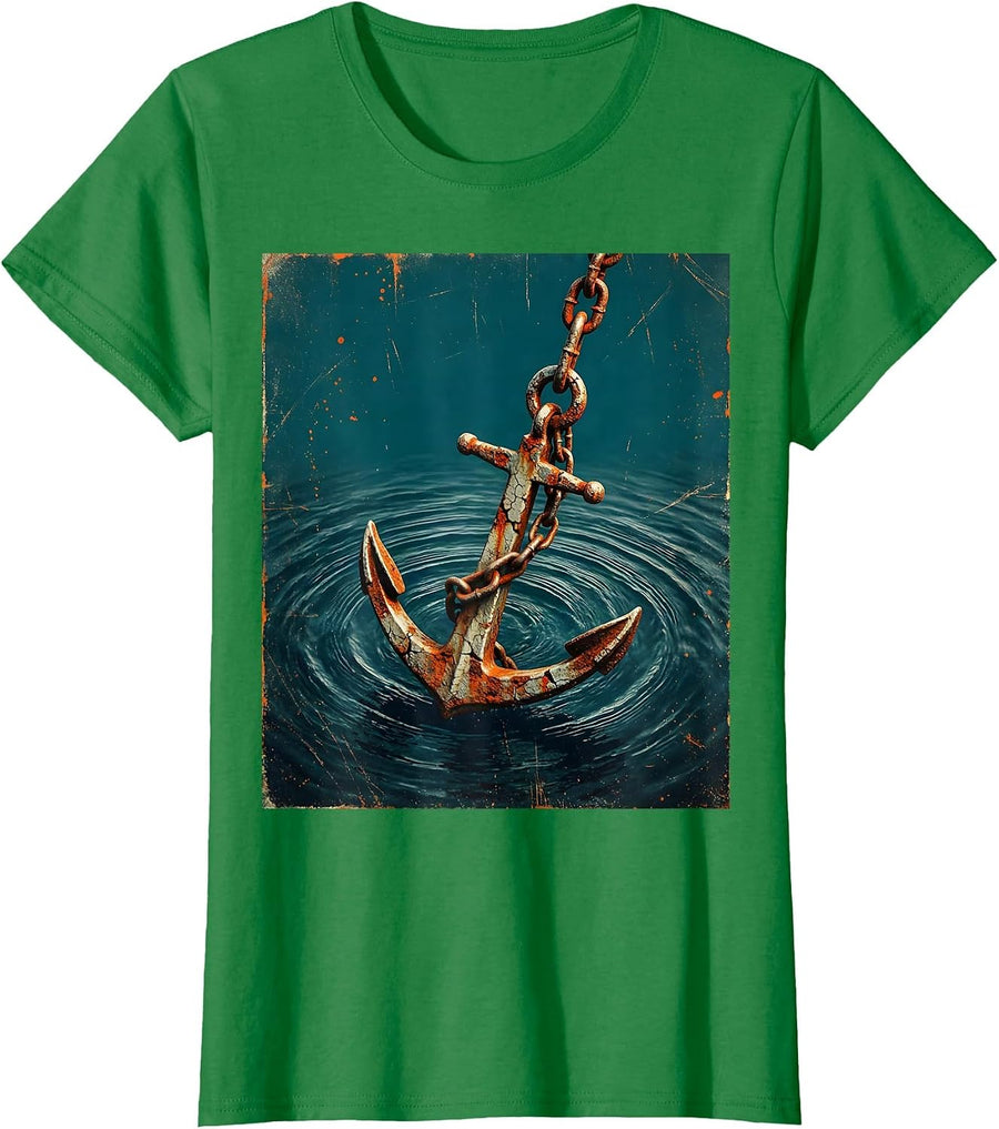Women's Rowboat Anchor Ocean Depths Fishing Illustration T-Shirt - Kelly Green
