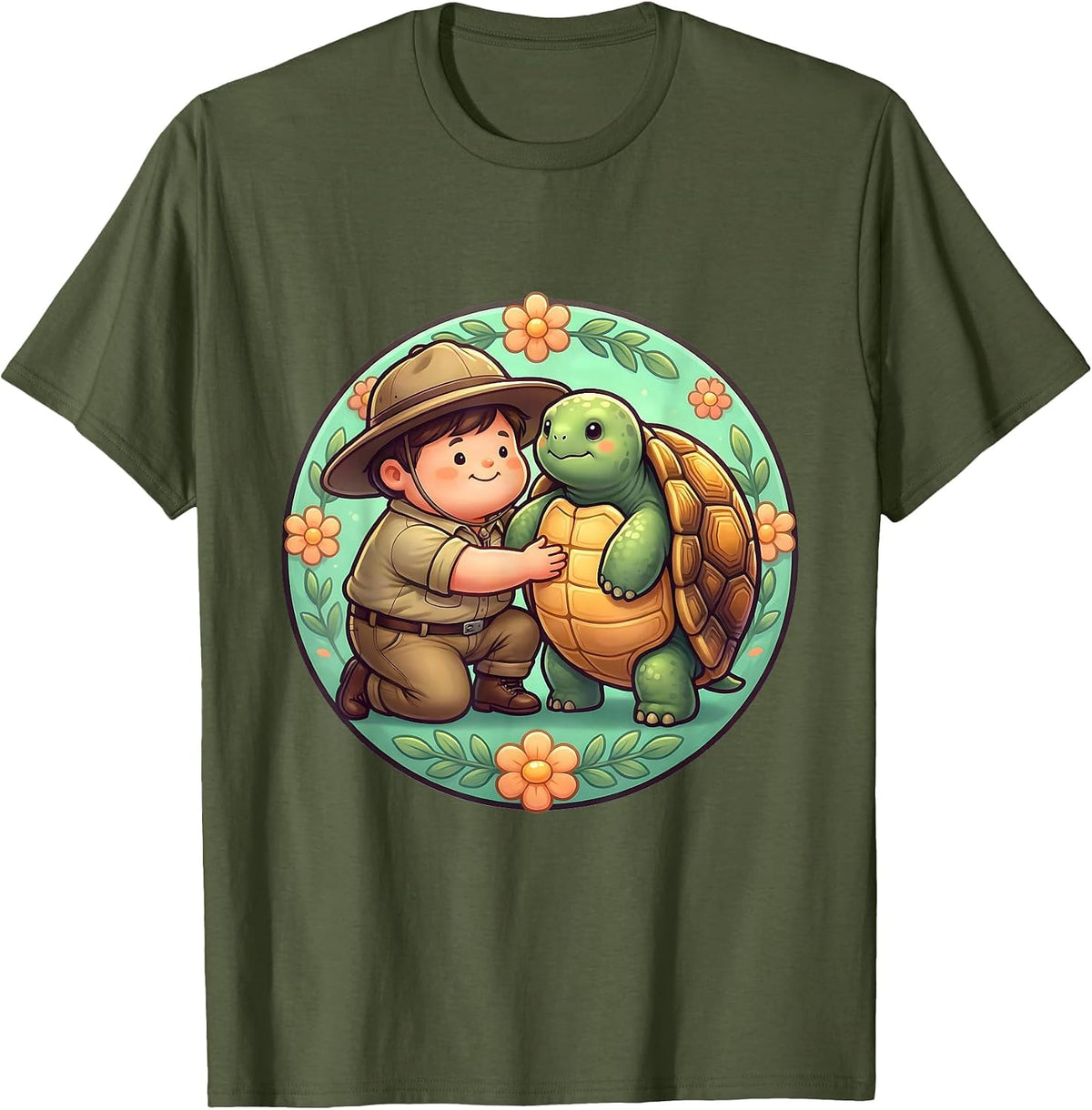 Zoo Keeper Kneeling With Giant Tortoise Design T-Shirt - Olive Green