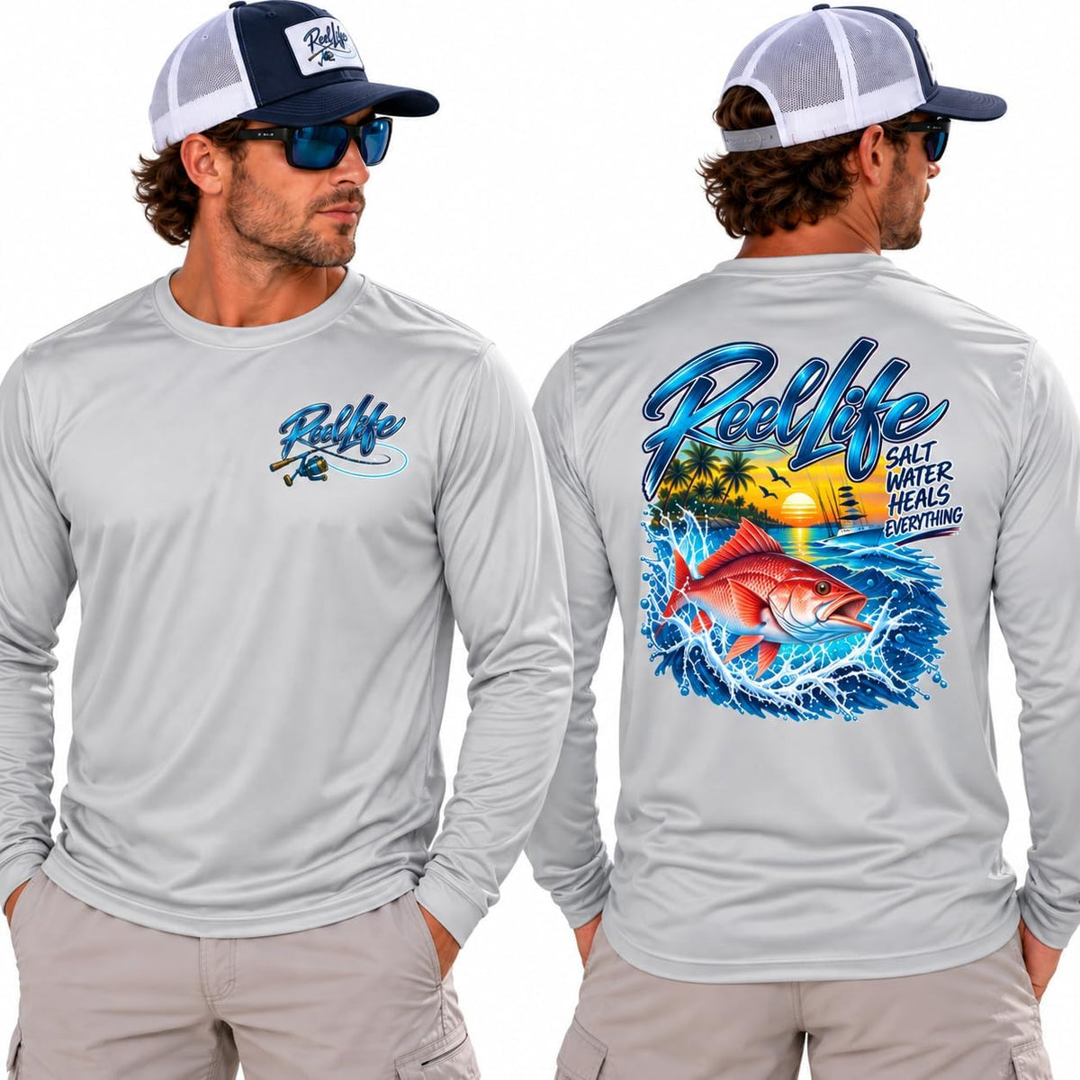 Reel Life Fishing Snapper Long Sleeve Tee | Ocean Sunset Angler Graphic - Silver
