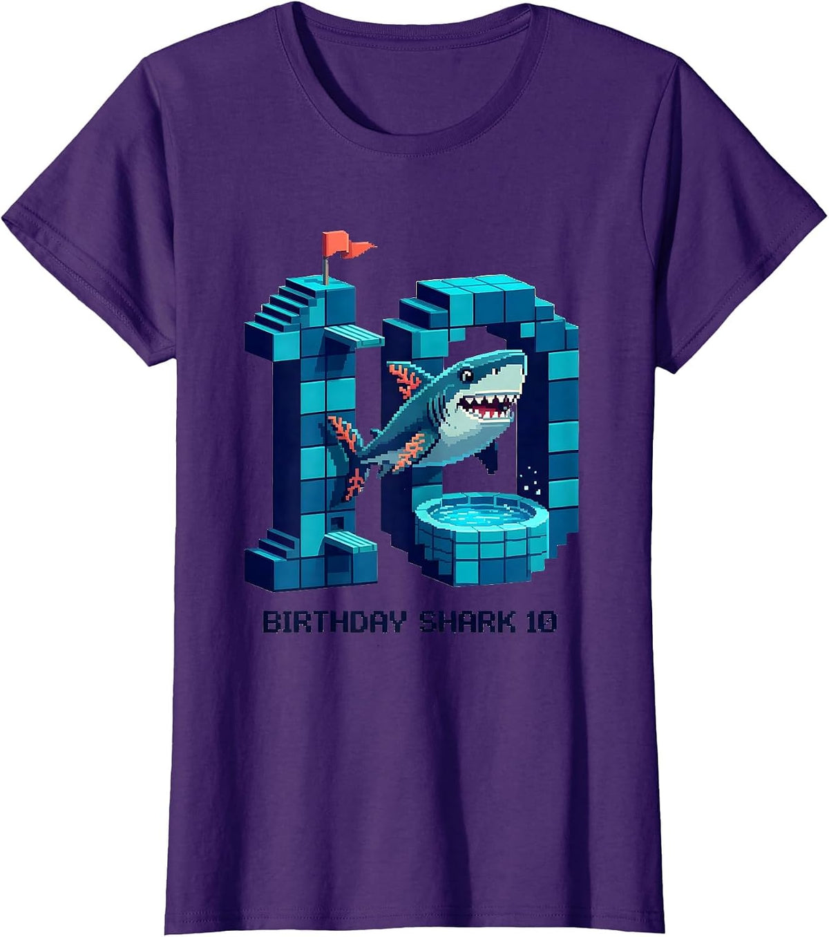 Women's Birthday Shark 10 Pixel Art Kids Ocean Party Age 10 T-Shirt - Purple