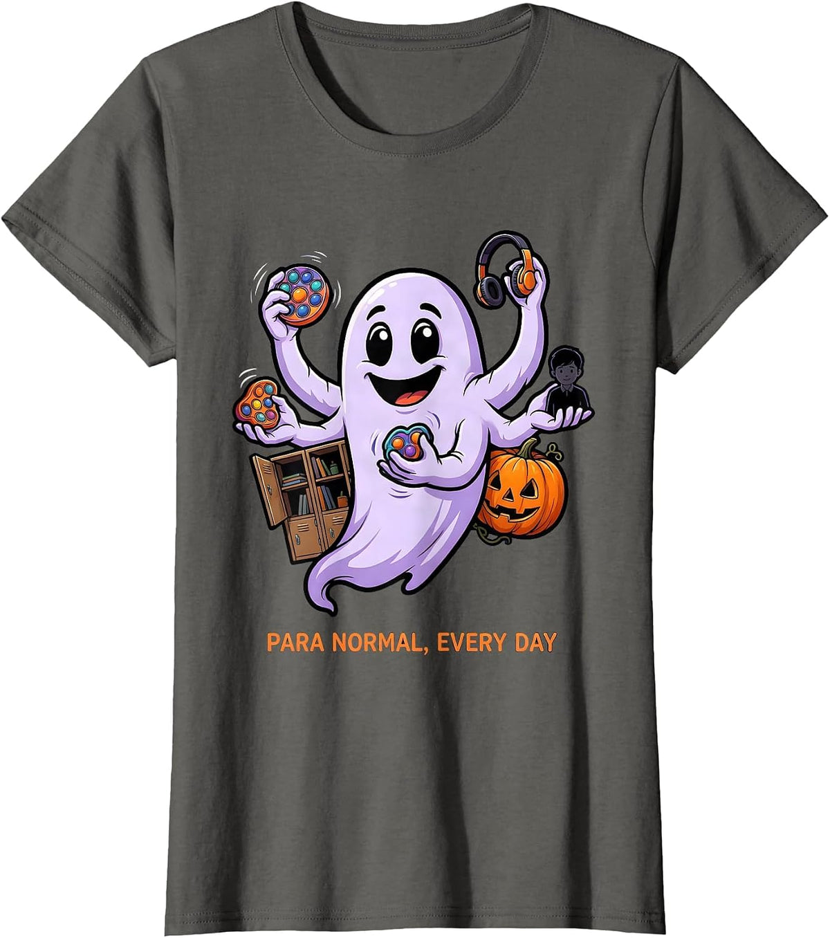 Women's Para Normal Every Day Cartoon Ghost Paraprofessional T-Shirt - Asphalt Grey