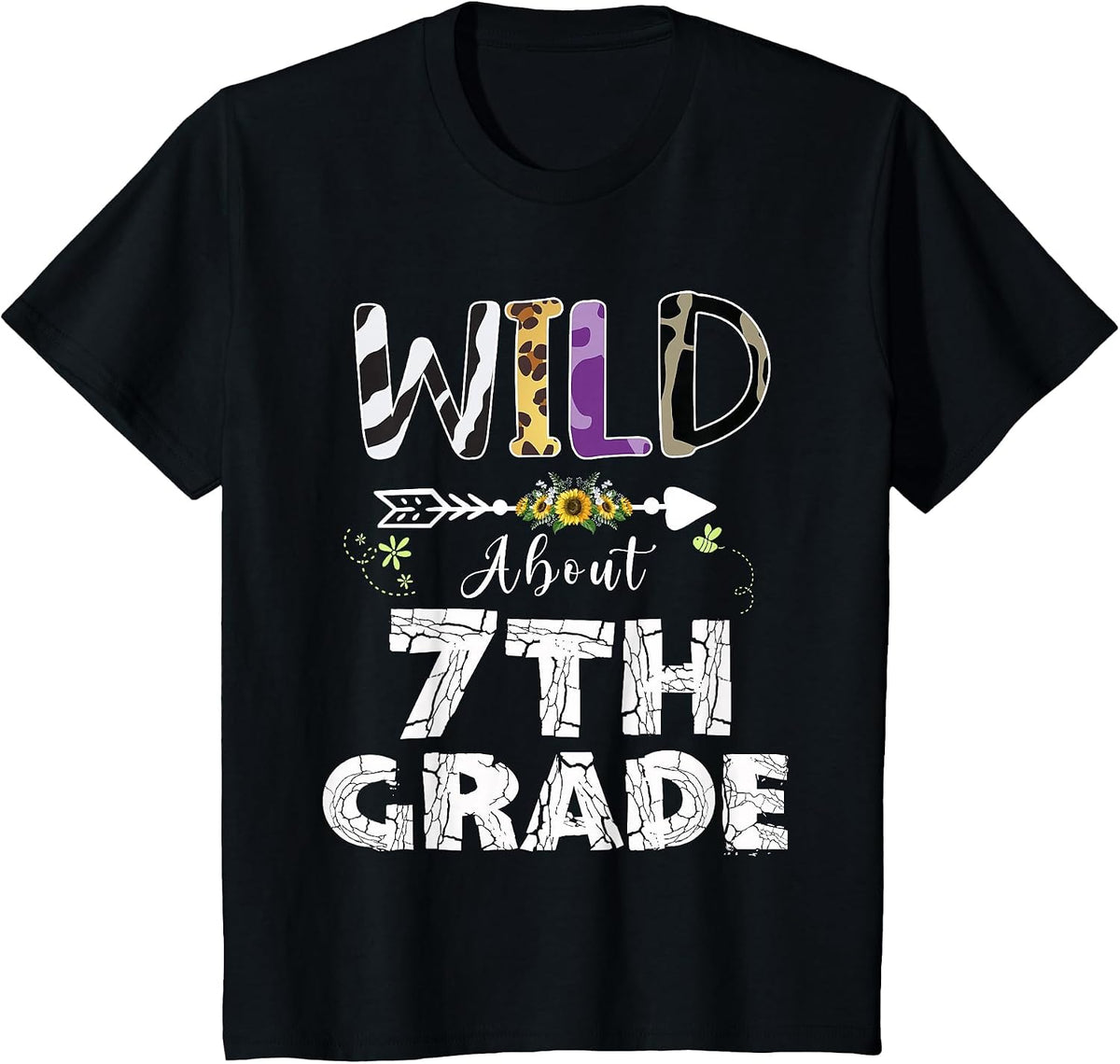 Wild About 7th Grade Flower Leopard Print Teacher Student T-Shirt - Black
