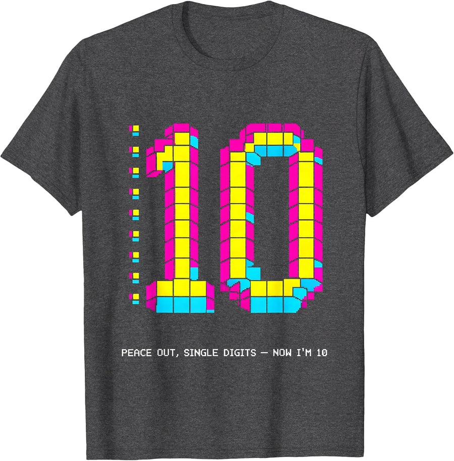 Men's Peace Out Single Digits Now I'm 10 Pixel Art Birthday Girl T-Shirt - Dark Heather Grey