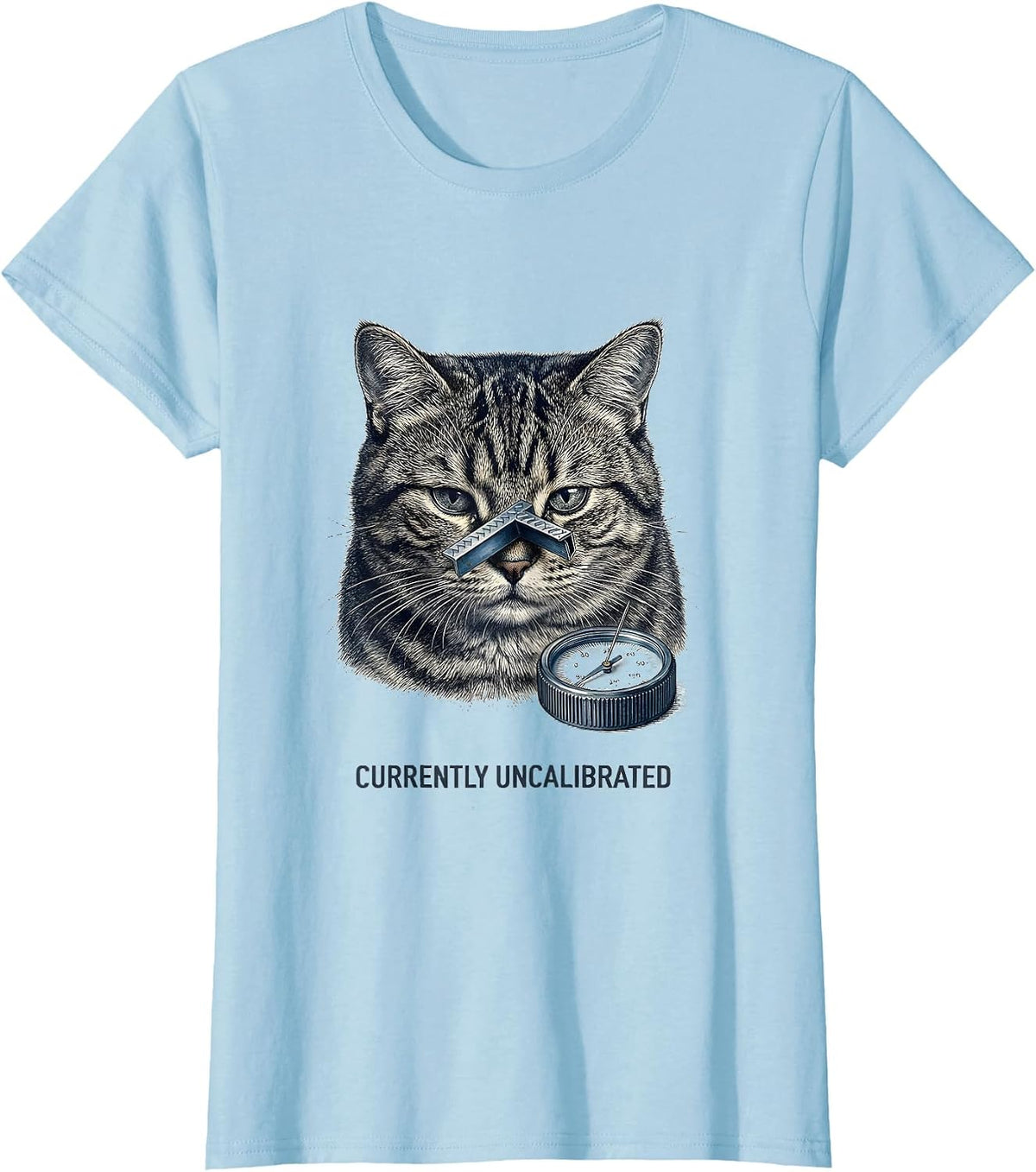 Women's Currently Uncalibrated Botanical Absurdist Cat Meme Parody T-Shirt - Baby Blue