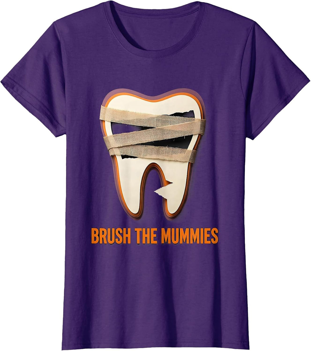 Women's Brush the Mummies Paper Cutout Dental Halloween Dentist T-Shirt - Purple
