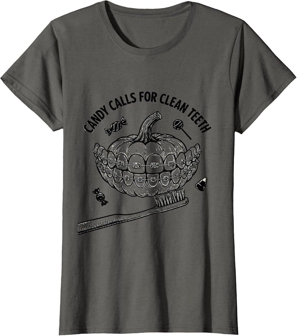 Women's Candy Calls For Clean Teeth Playful Dental Halloween Costume T-Shirt - Asphalt Grey