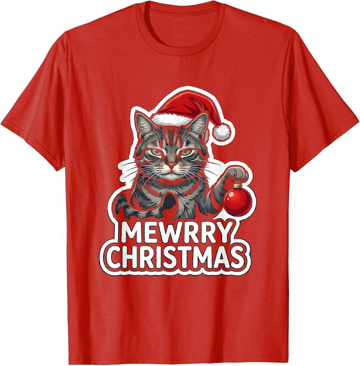 Men's Mewrry Christmas Funny Cat Lover Holiday Humor Sticker T-Shirt - Red