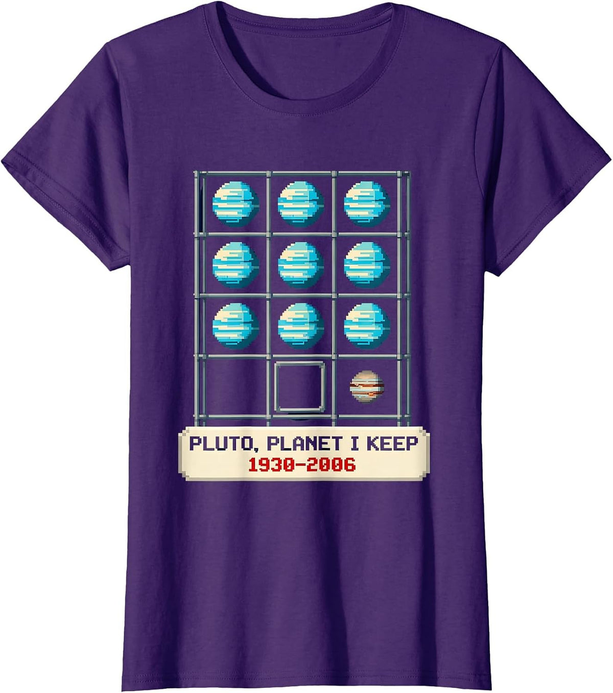 Women's PLUTO, PLANET I KEEP 1930–2006 Pixel Art Space Humor T-Shirt - Purple