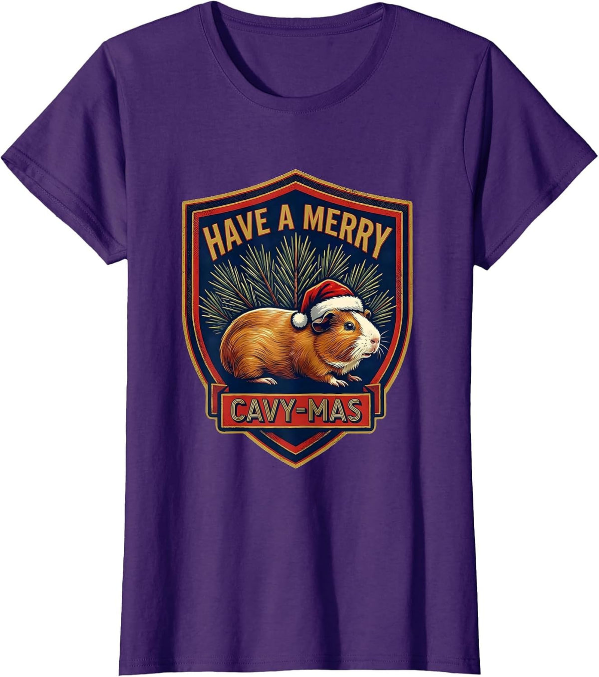 Women's Have A Merry Cavy-mas Funny Guinea Pig Christmas Santa Hat T-Shirt - Purple