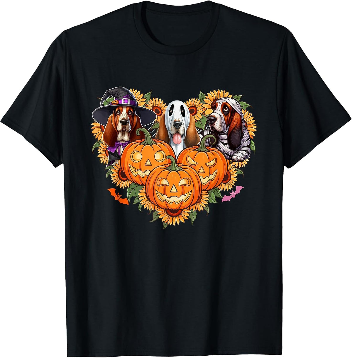Three Halloween Basset Hounds Cosplay Witch Boo Mummy T-Shirt - Black