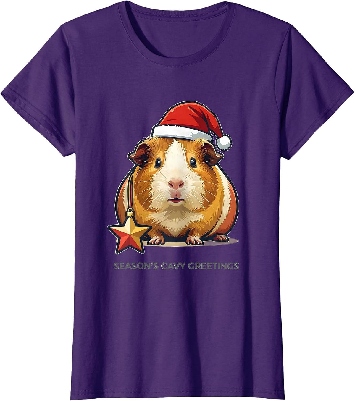 Women's Season's Cavy Greetings Whimsical Guinea Pig Christmas Santa T-Shirt - Purple