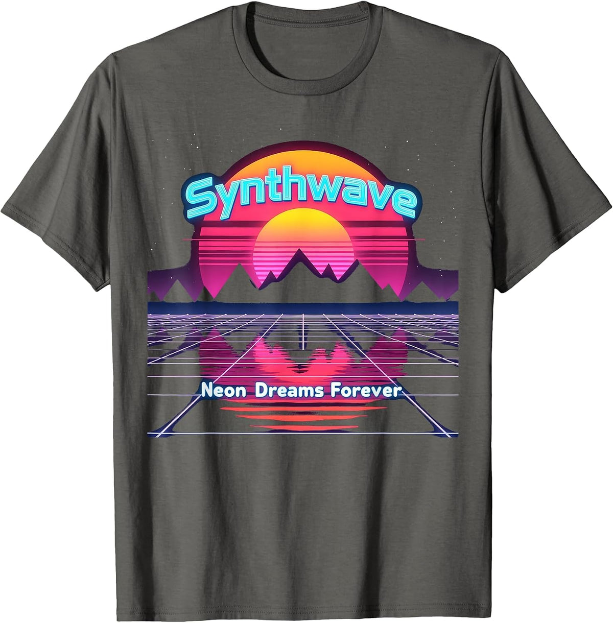 80s Synthwave Sunset Neon Dreams Forever Retro T-Shirt - Asphalt Grey