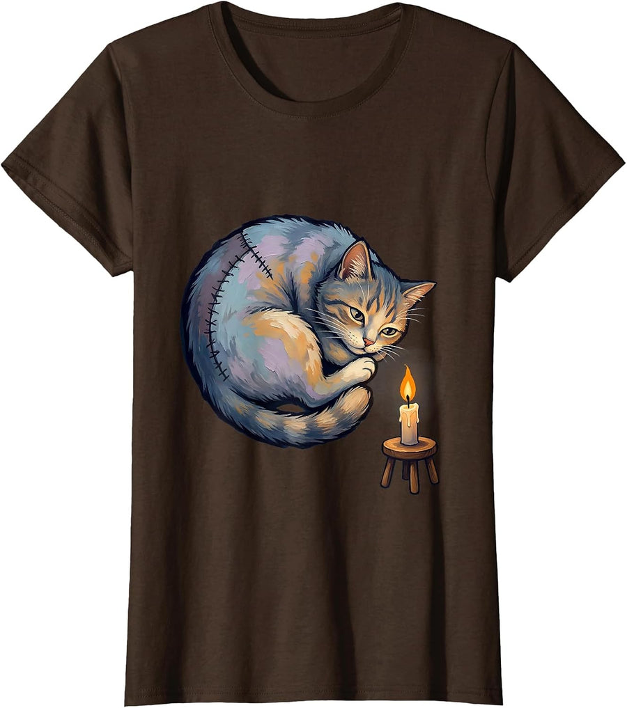 Women's Storybook Cat Pastel Goth Creepy-Cute Kawaii Cat Lover T-Shirt - Brown
