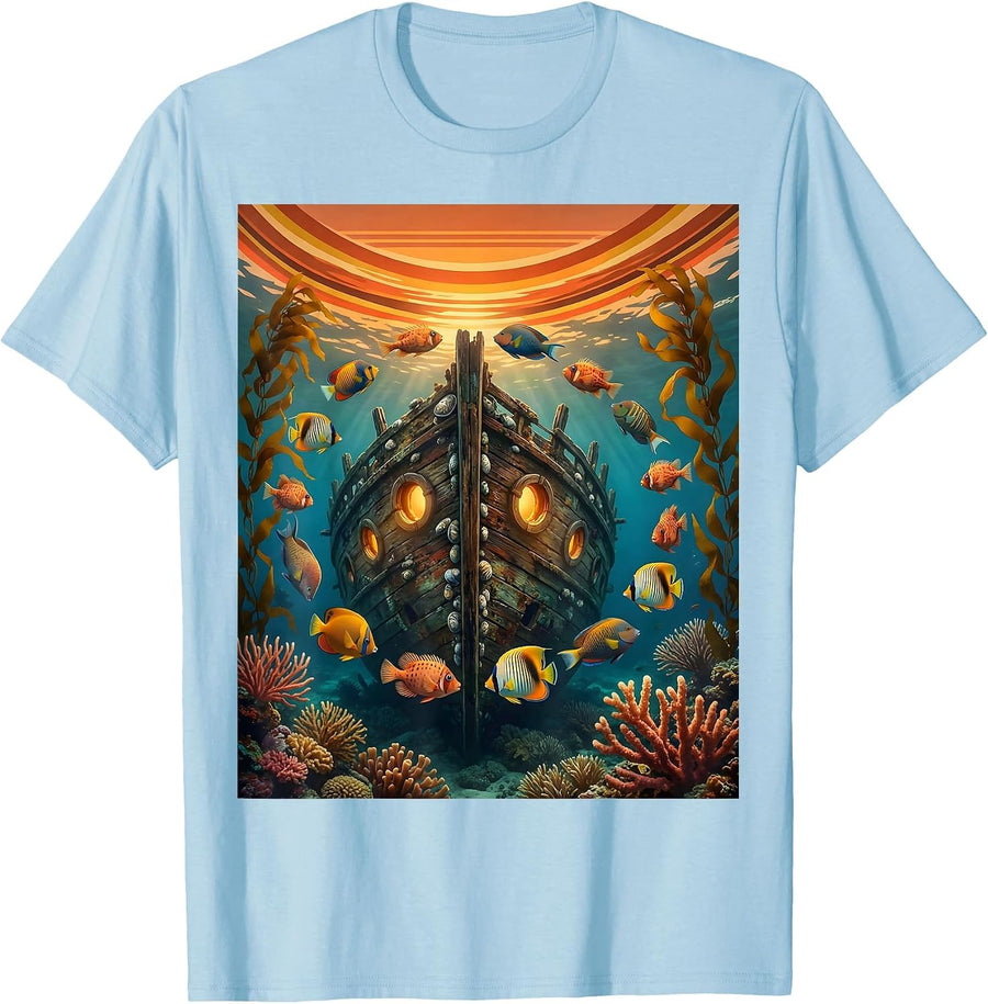 Men's Tropical Fish Sunken Shipwreck Hawaiian Design T-Shirt - Baby Blue