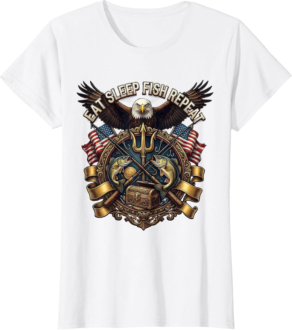 Eat Sleep Fish Repeat Fishing Graphic Design T-Shirt - White