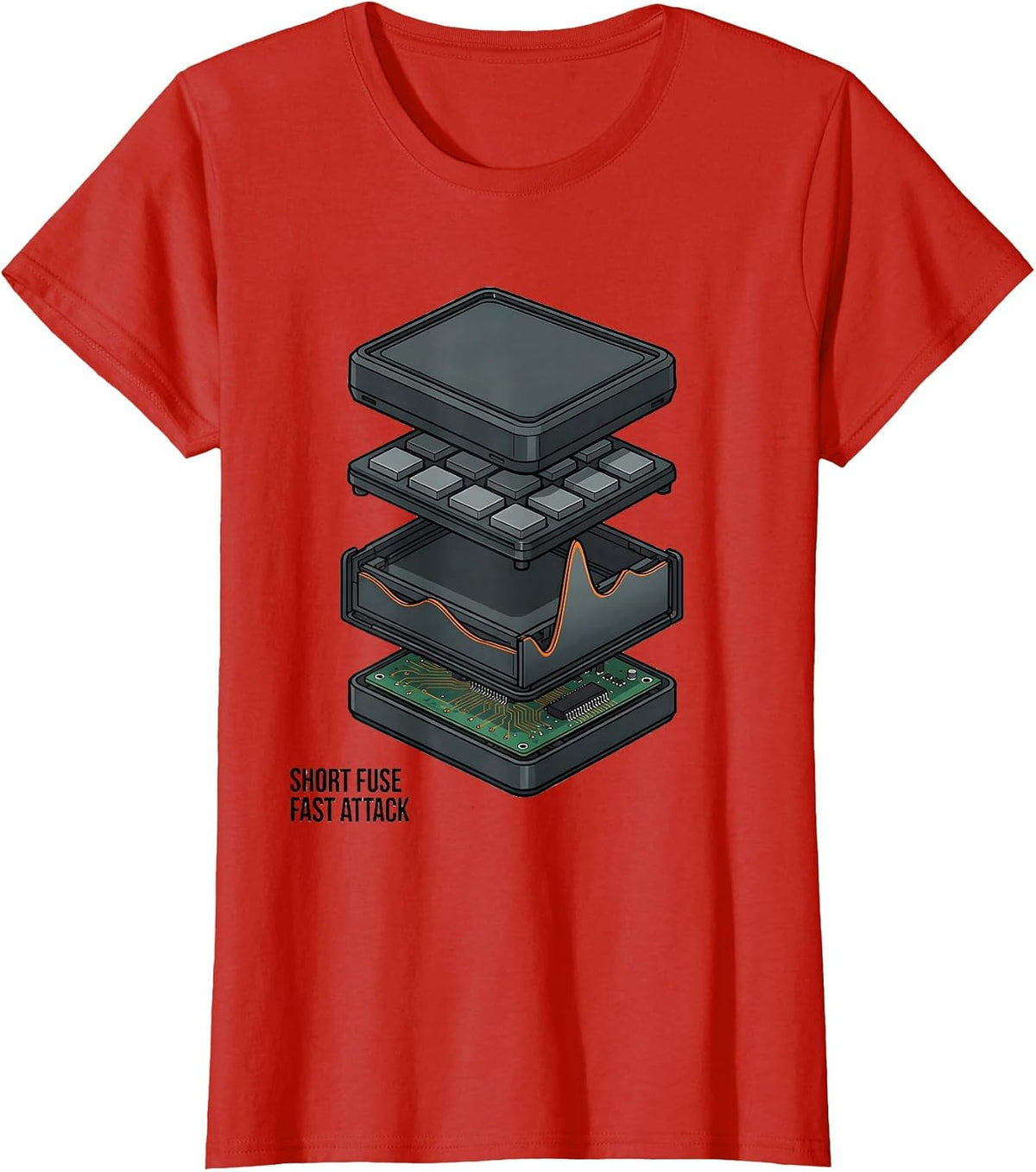 Women's Short Fuse, Fast Attack Exploded View Technical DJ Gift T-Shirt - Red