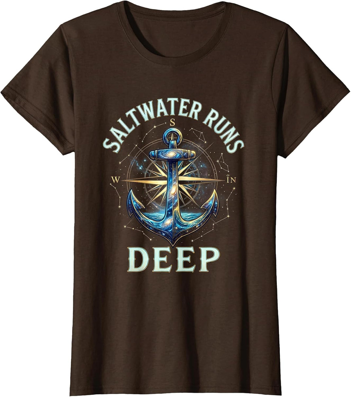 Women's Saltwater Runs Deep Sailor Nautical Design T-Shirt - Brown