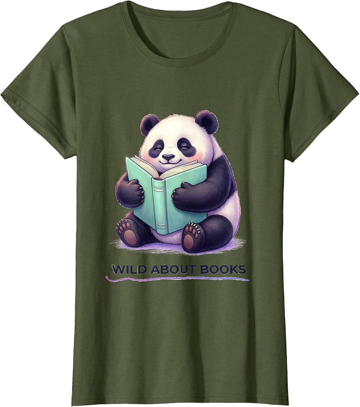 Women's Wild About Books Cute Kawaii Panda Teacher Back To School T-Shirt - Olive Green