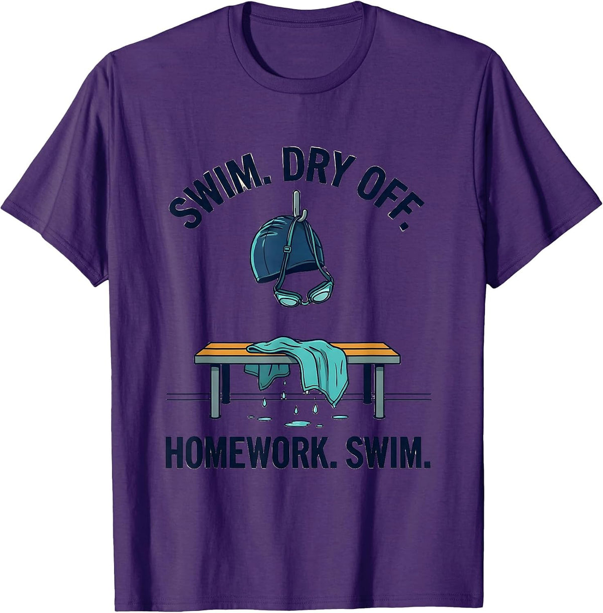 Swim. Dry Off. Homework. Swim. Funny Swimmer Sport Humor T-Shirt - Purple