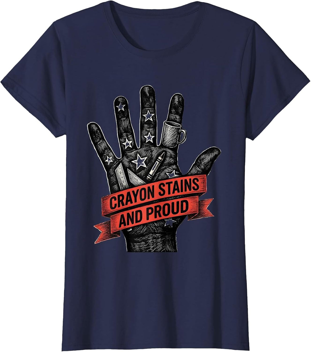 Women's Crayon Stains And Proud Kindergarten Teacher T-Shirt - Navy Blue