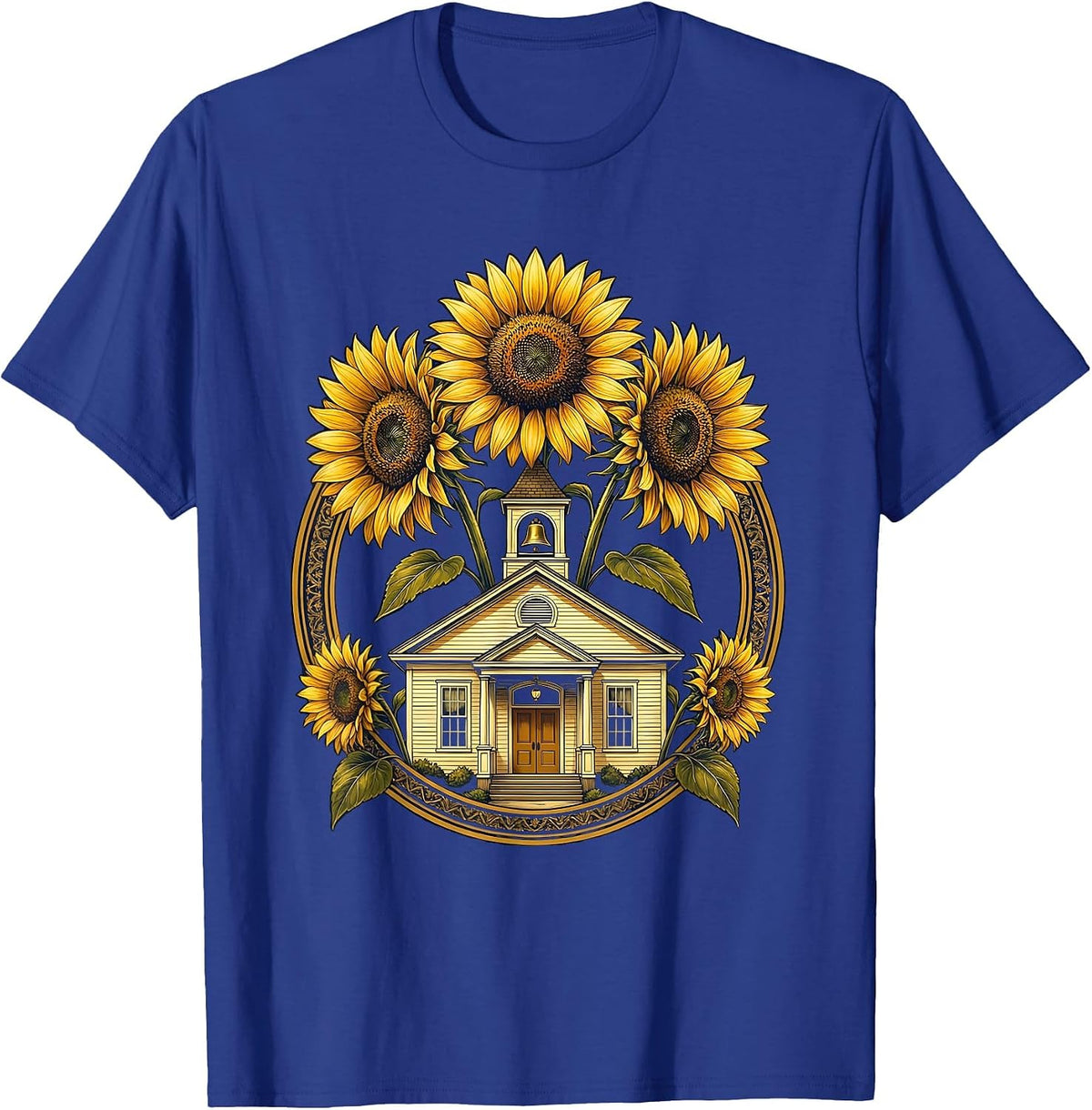 First Grade Teacher Schoolhouse Sunflower Design T-Shirt - Royal Blue