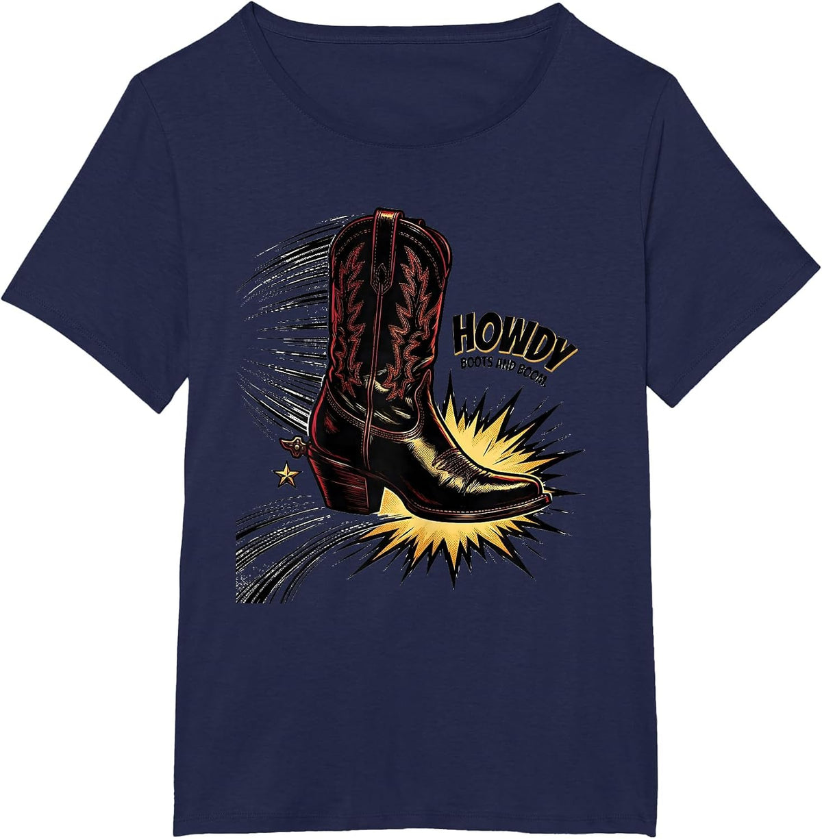 Women's Howdy Boots and Boom Comic Book Cowgirl Western Pride T-Shirt - Navy Blue