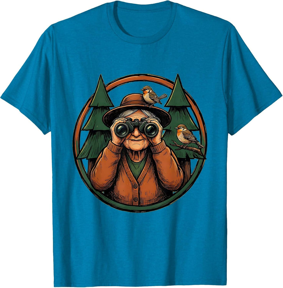Mimi Bird Watching Grandma in Forest Illustration T-Shirt - Sapphire Blue