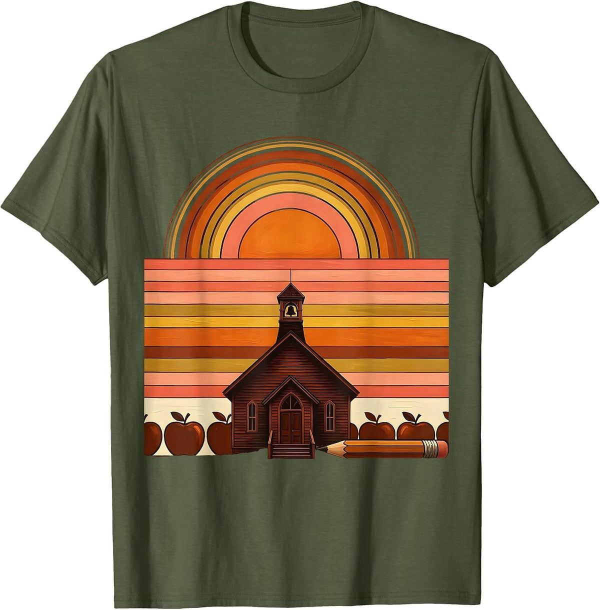 3rd Grade Teacher Schoolhouse Sunrise Graphic T-Shirt - Olive Green