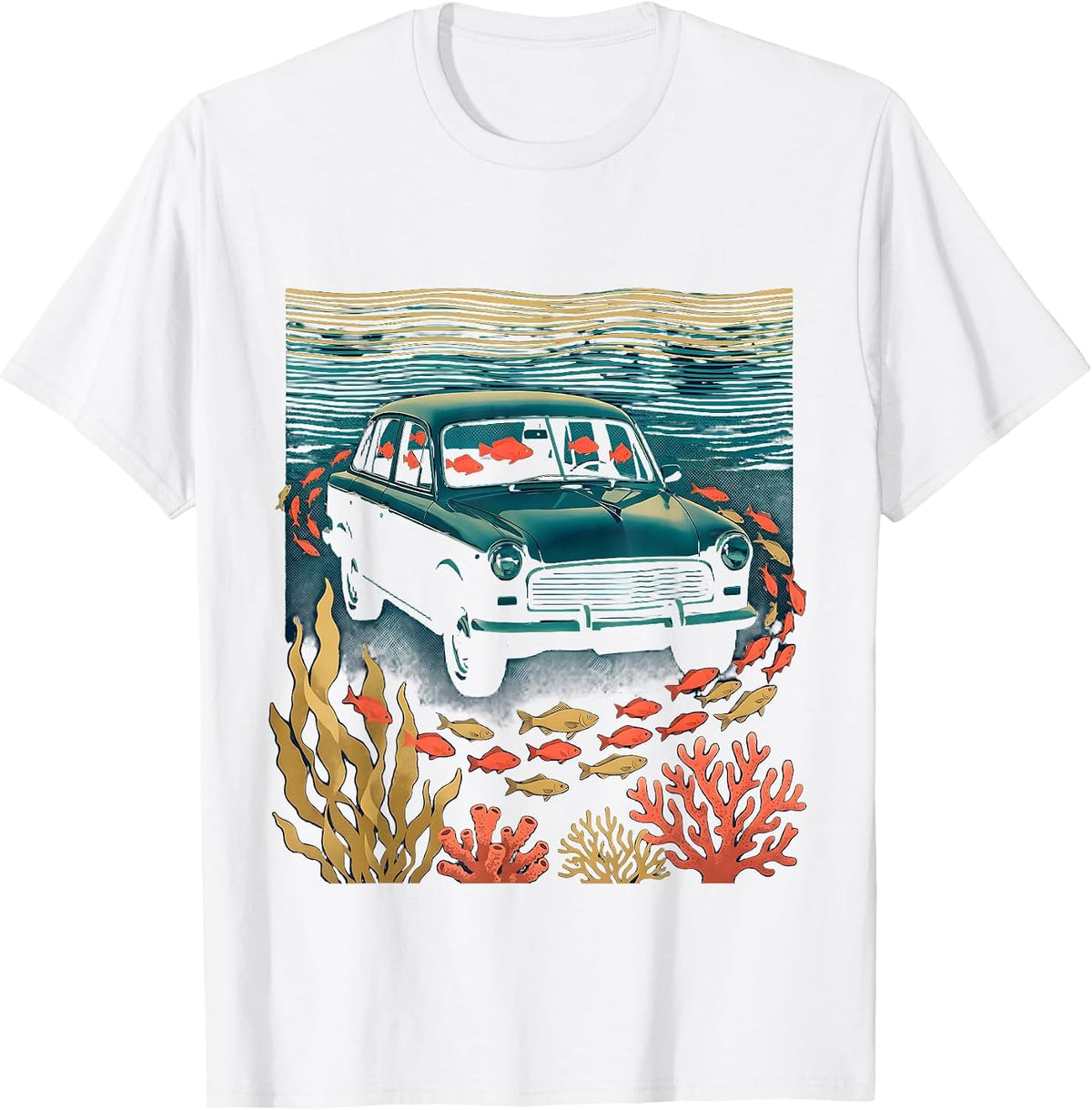 Men's Underwater Car Submerged Fish Swimming Through Windows T-Shirt - White