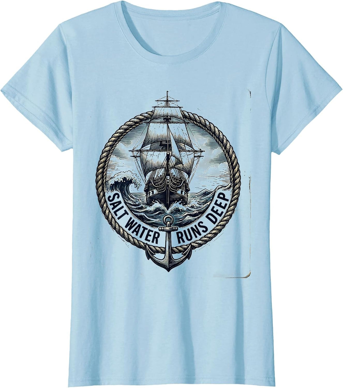 Women's Salt Water Runs Deep Navy Ocean Design T-Shirt - Baby Blue