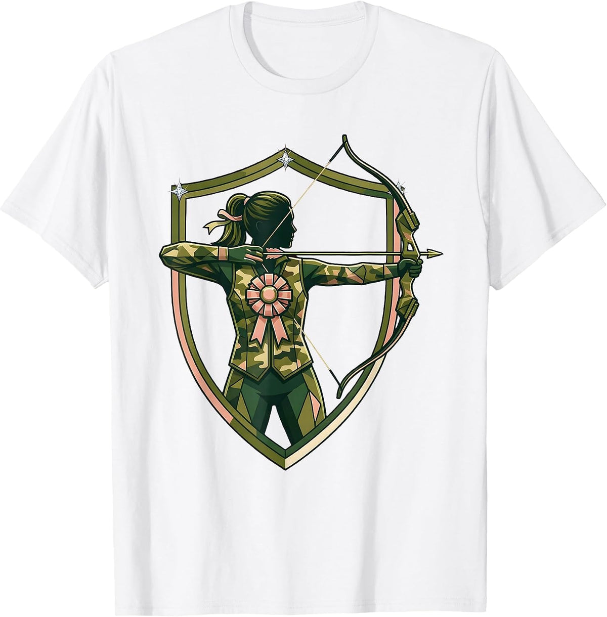 Men's Camo Archer Drawing Back Bow Illustration T-Shirt - White