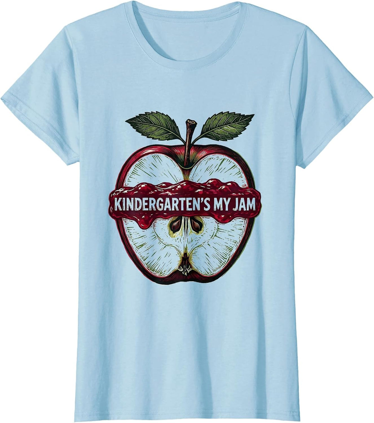 Kindergarten's My Jam Linocut Strawberry Teacher Back T-Shirt - Baby Blue