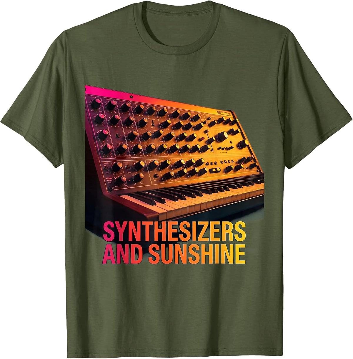 Synthesizers and Sunshine Retro 80s Design T-Shirt - Olive Green