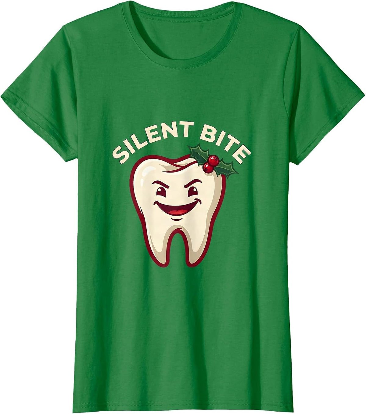 Women's Silent Bite Funny Dentist Christmas Dental Team Tooth Humor T-Shirt - Kelly Green