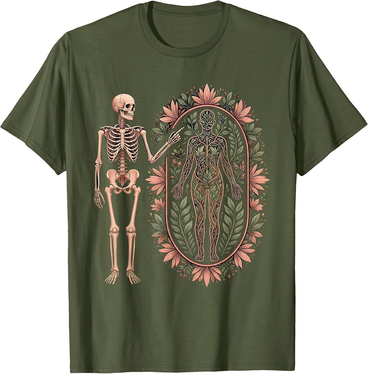 Men's Skeleton Anatomy Diagram Illustration T-Shirt - Olive Green
