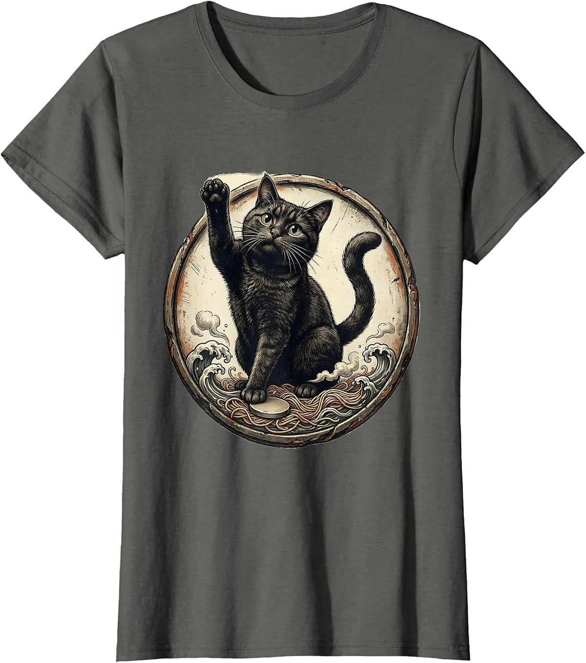 Women's Cat Kaiju Ramen Vintage Anime Art Cat Lover Gift T-Shirt - Asphalt Grey